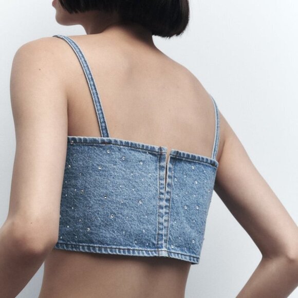 Zara Rhinestone  Jewel Denim Crop Top Blue Blogger Fav Size Small NWT - Picture 5 of 12